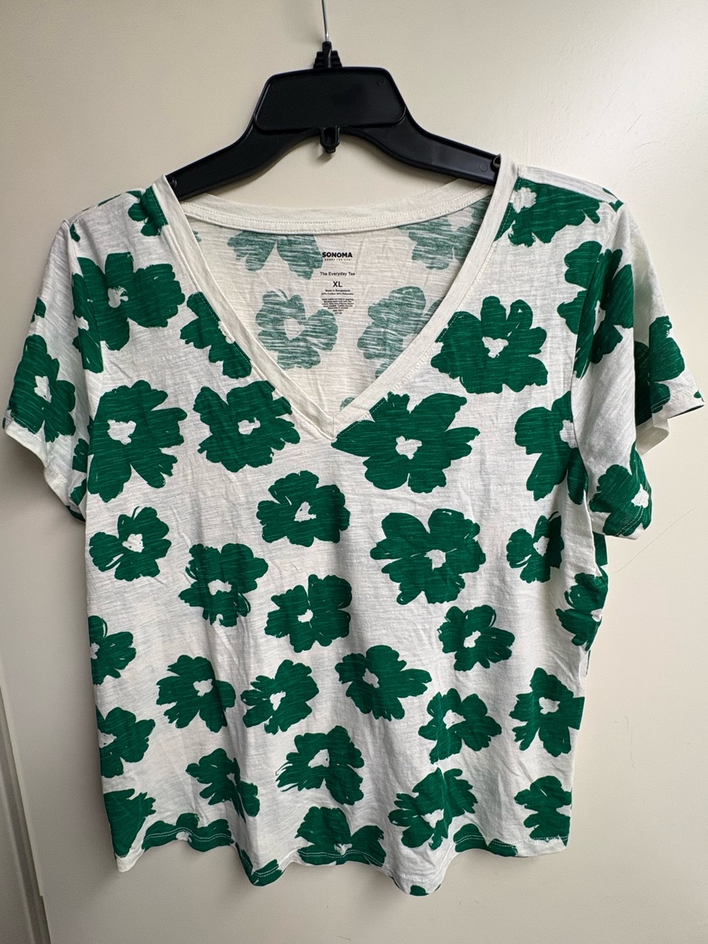 Sonoma White V-Neck Tee with Green Floral Pattern